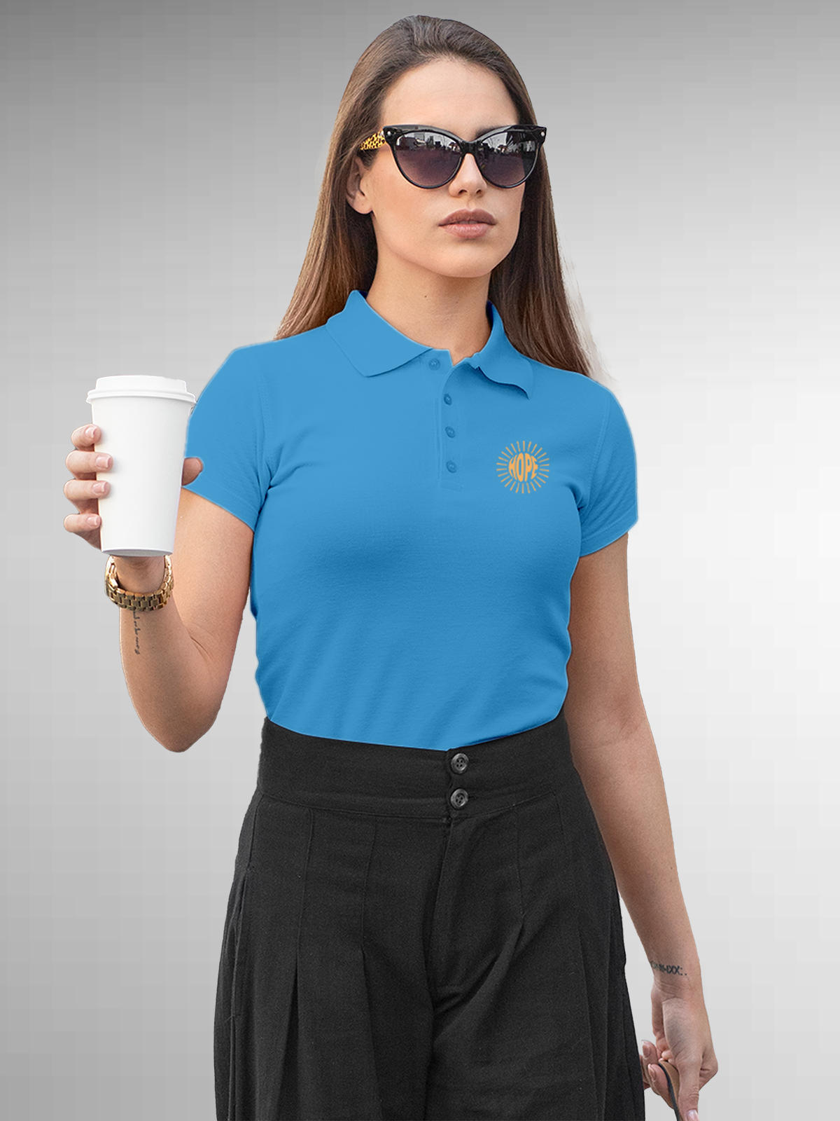 Model wearing Women's Blue Polo T-shirt with 'Hope' design, offering effortless style and premium comfort