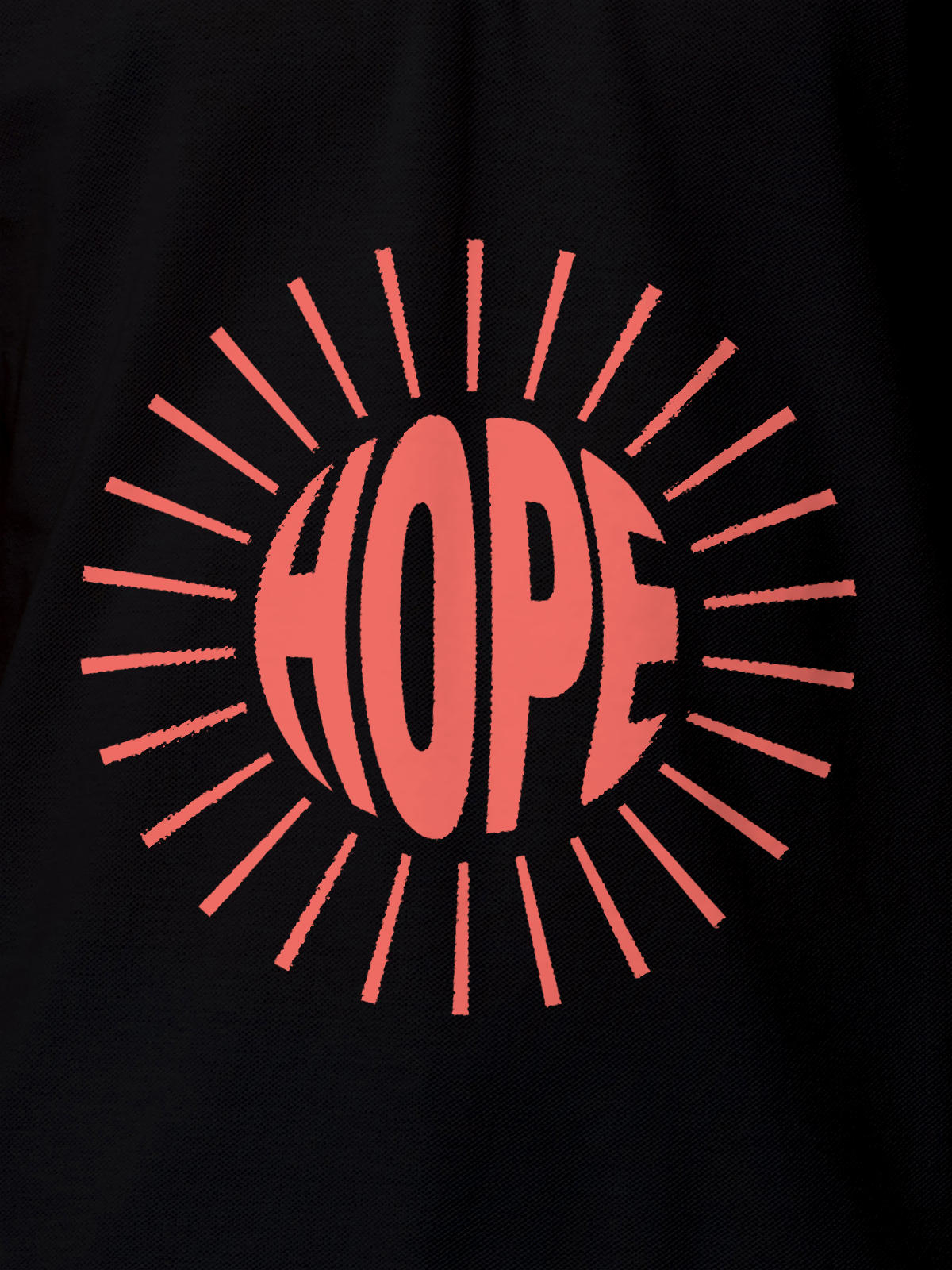 Close up of 'Hope' design on Men's Black Polo T-shirt, highlighting intricate details and vibrant print.