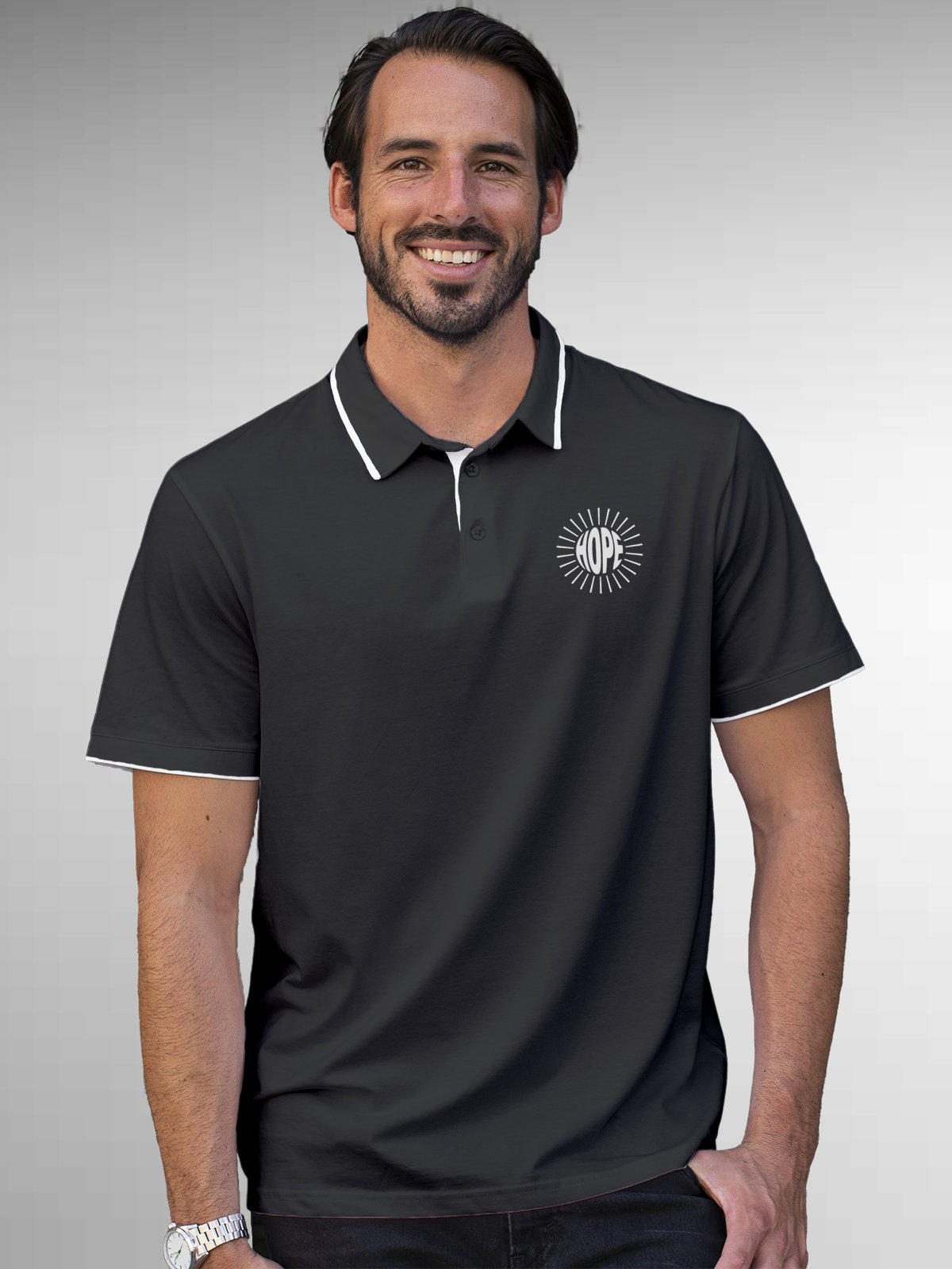 Model wearing Men's Dark Grey Polo T-shirt with 'Hope' design, offering effortless style and premium comfort