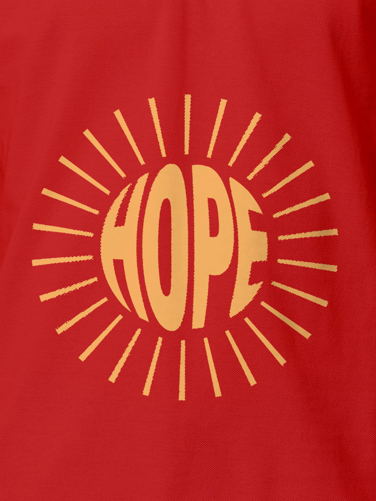 Close up of 'Hope' design on Men's Red Polo T-shirt, highlighting intricate details and vibrant print.