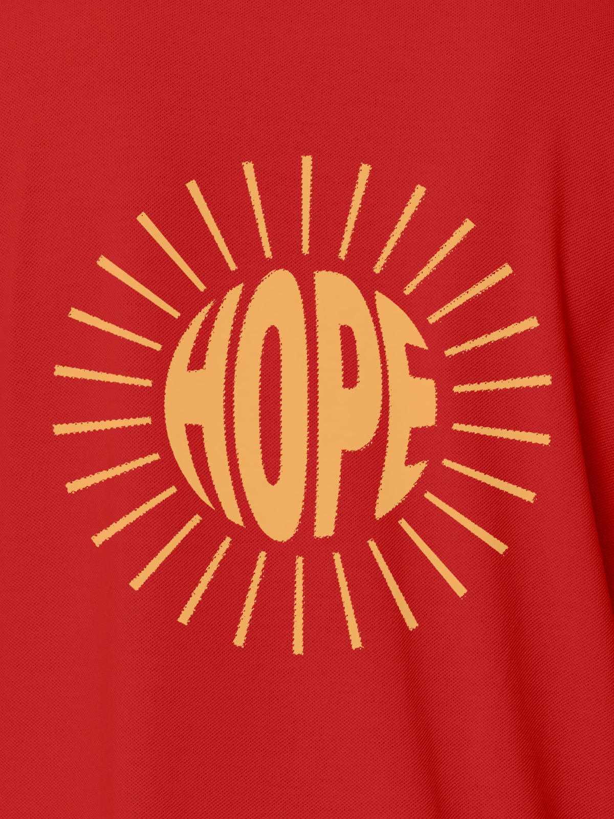 Close up of 'Hope' design on Women's Red Polo T-shirt, highlighting intricate details and vibrant print.