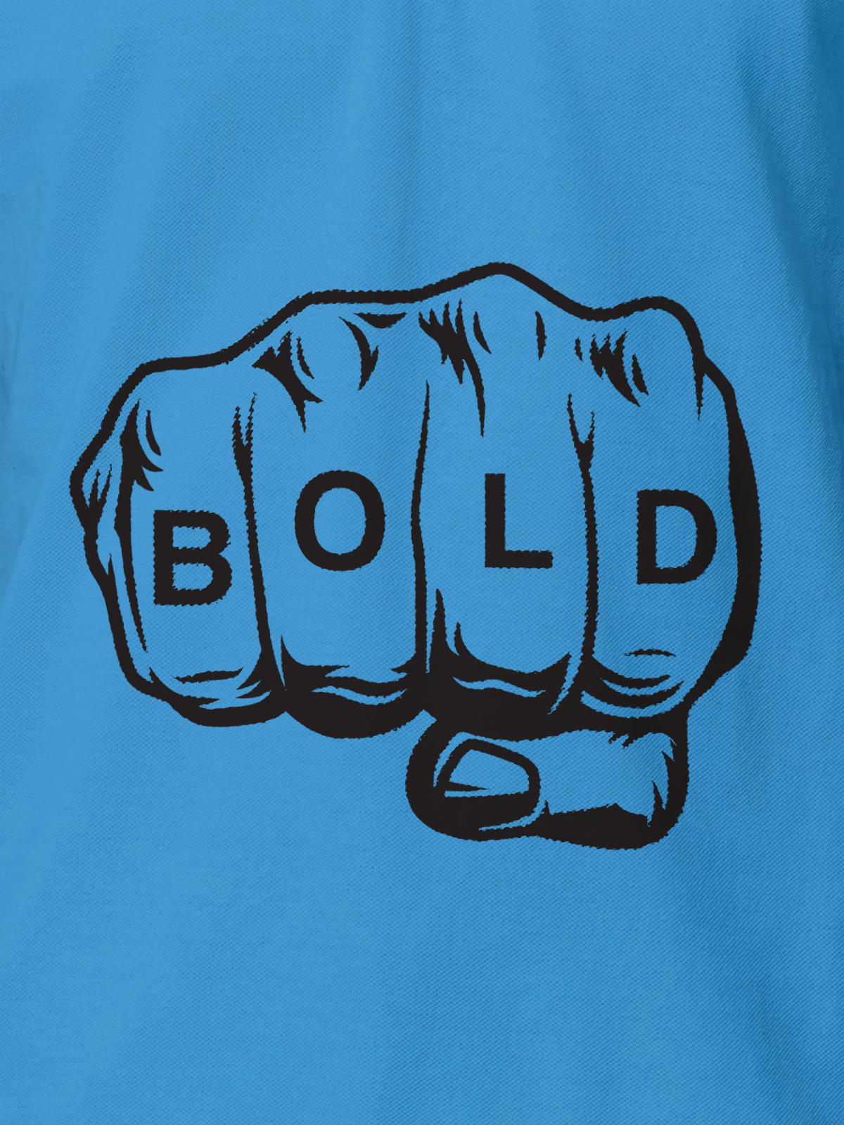 Close up of 'Bold' design on Women's Blue Polo T-shirt, highlighting intricate details and vibrant print.