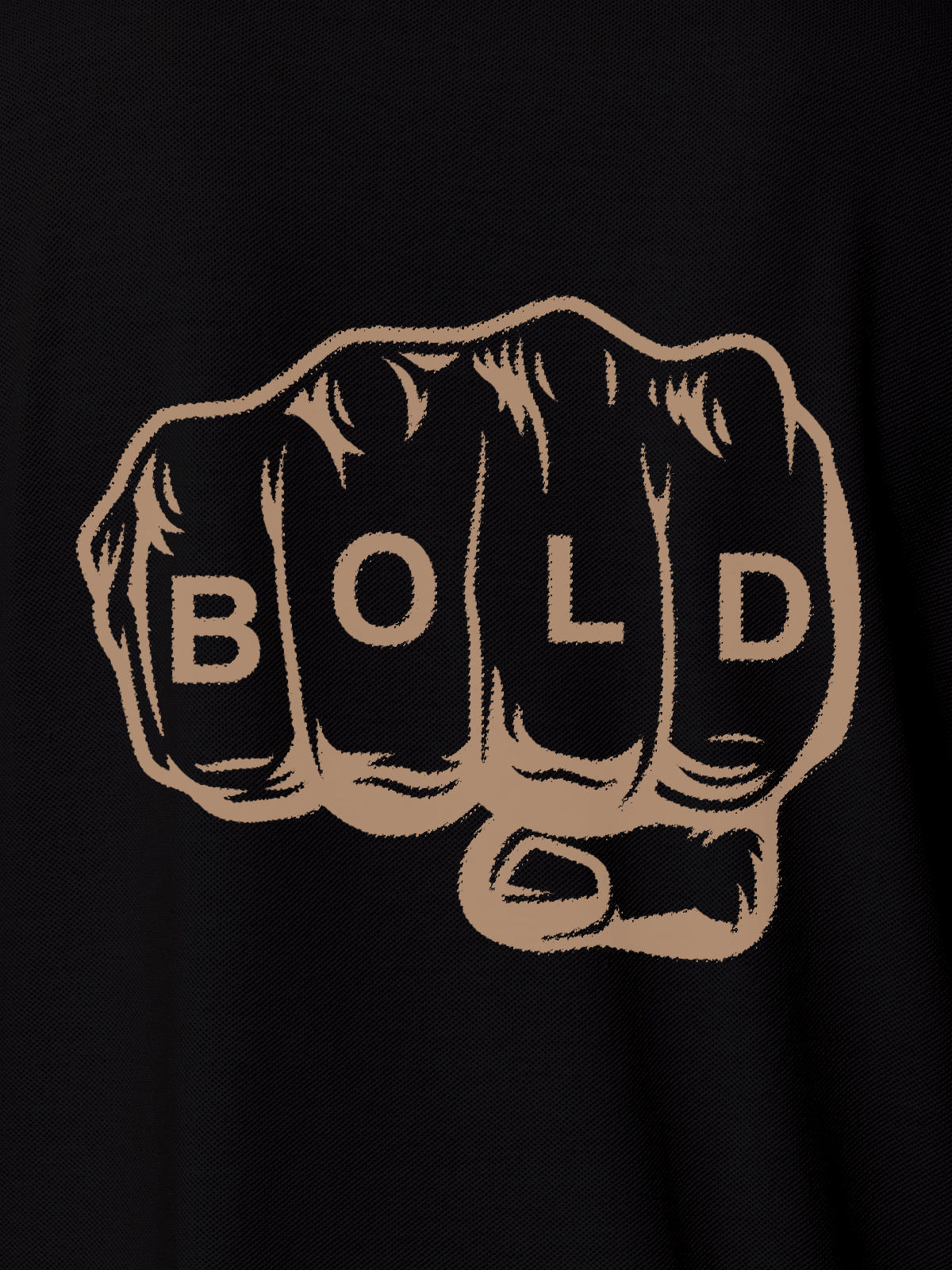 Close up of 'Bold' design on Men's Black Polo T-shirt, highlighting intricate details and vibrant print.