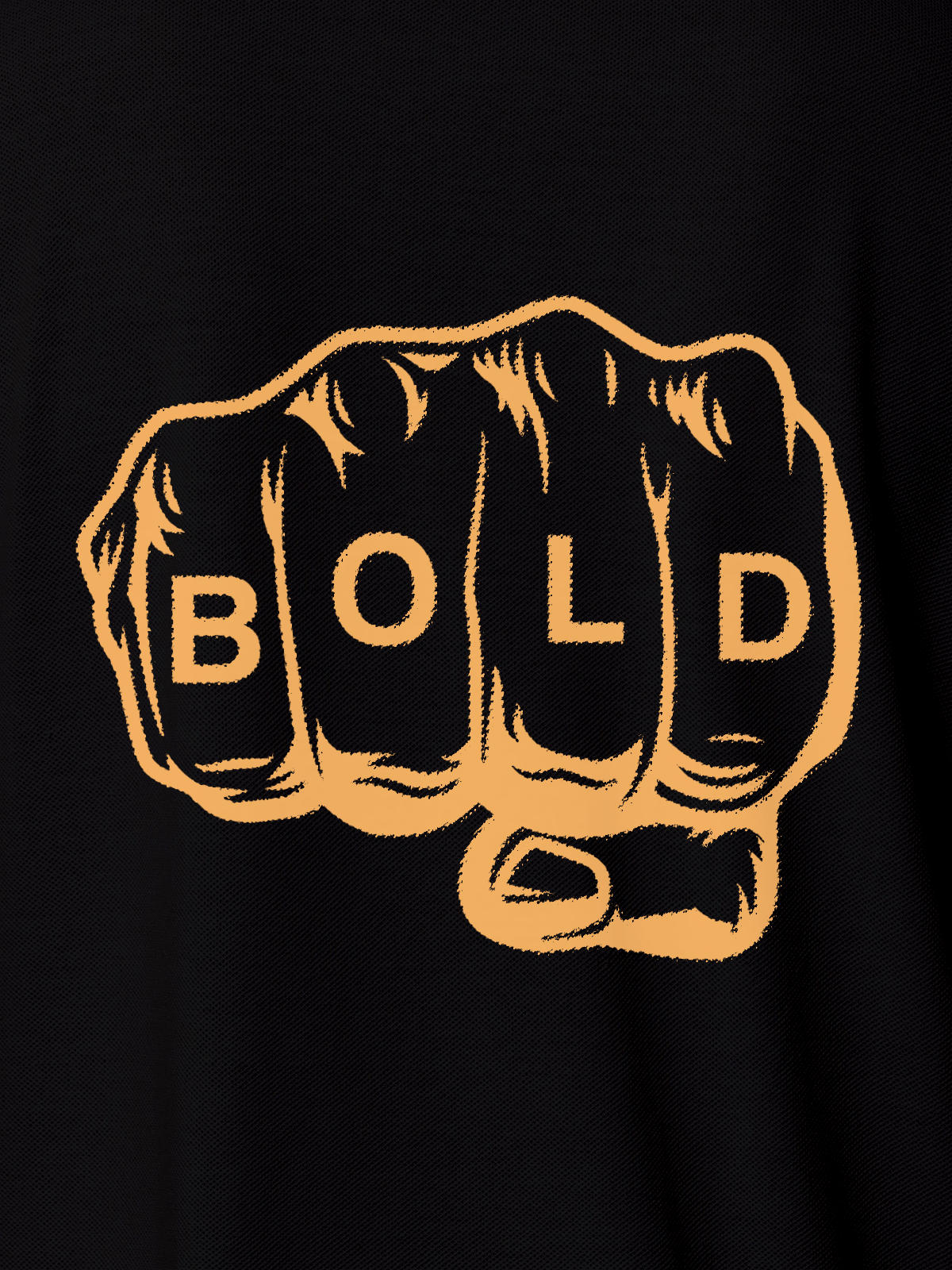 Close up of 'Bold' design on Men's Black Polo T-shirt, highlighting intricate details and vibrant print.