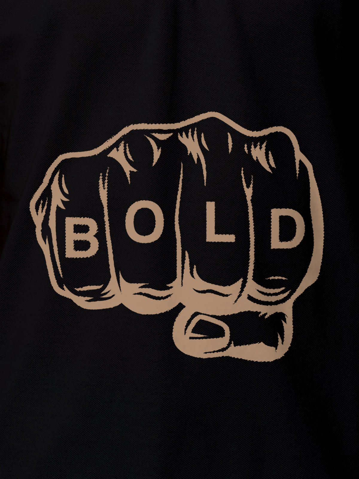 Close up of 'Bold' design on Women's Black Polo T-shirt, highlighting intricate details and vibrant print.