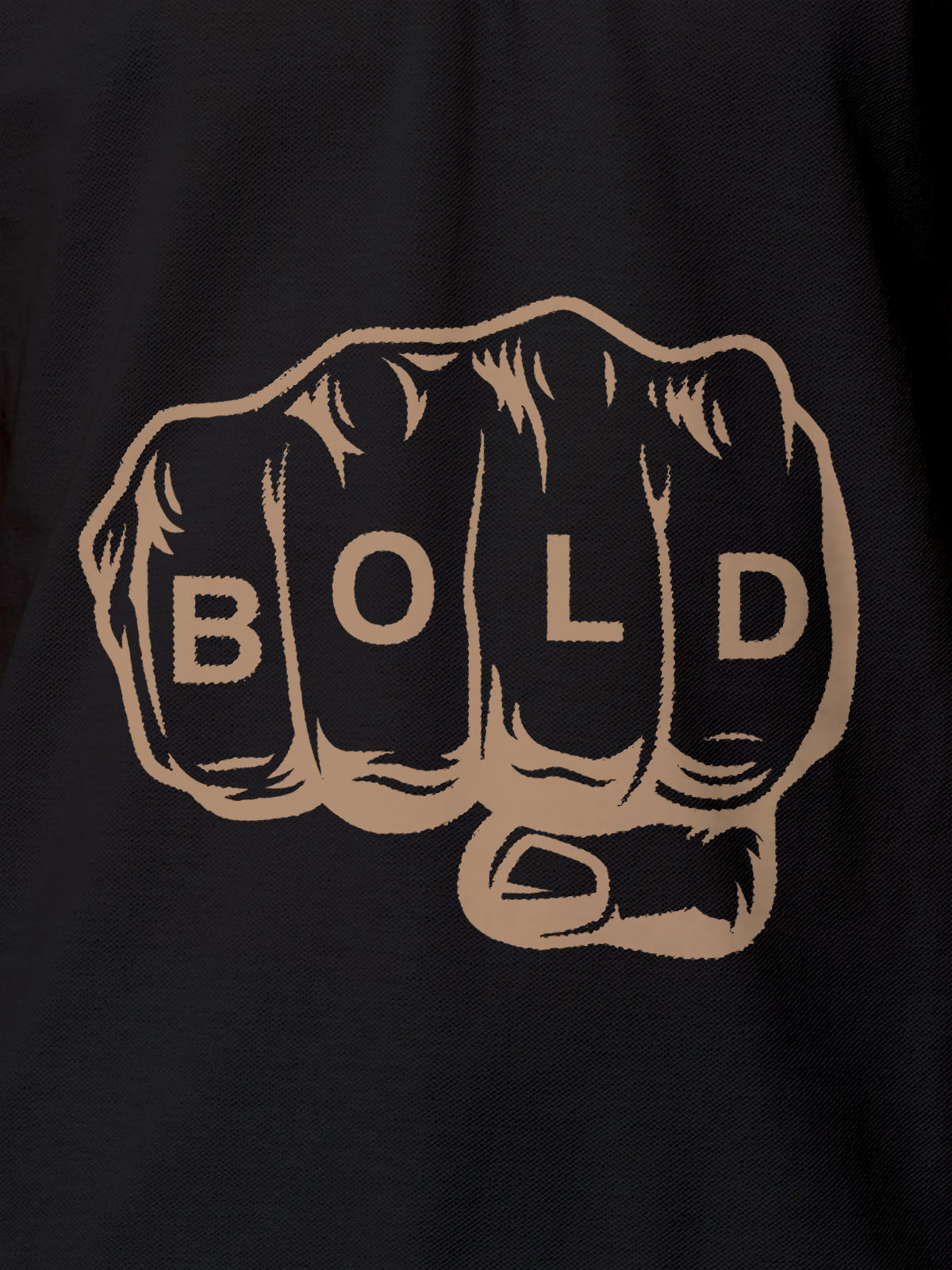Close up of 'Bold' design on Women's Dark Grey Polo T-shirt, highlighting intricate details and vibrant print.
