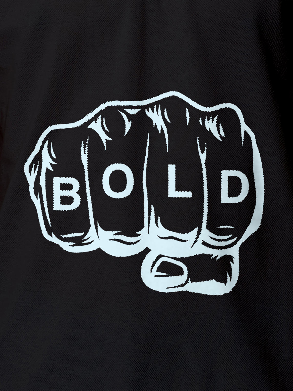 Close up of 'Bold' design on Women's Dark Grey Polo T-shirt, highlighting intricate details and vibrant print.