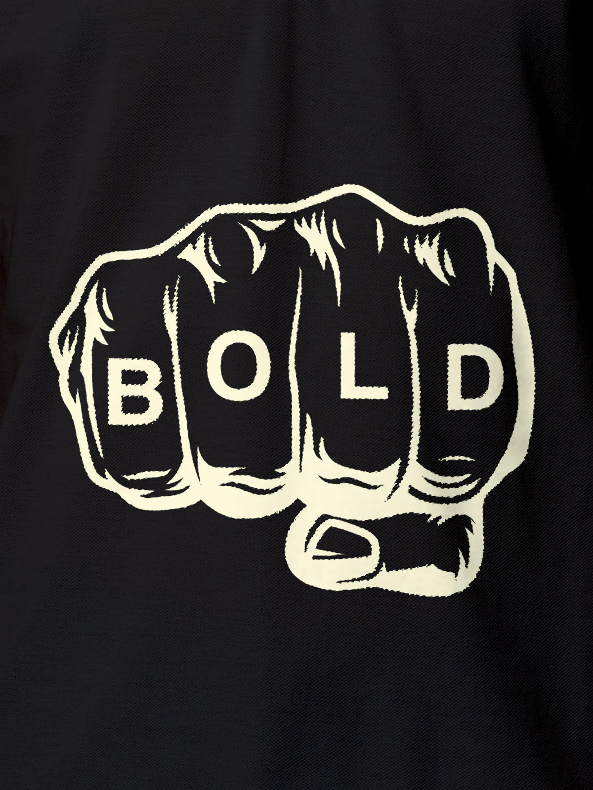 Close up of 'Bold' design on Women's Dark Grey Polo T-shirt, highlighting intricate details and vibrant print.