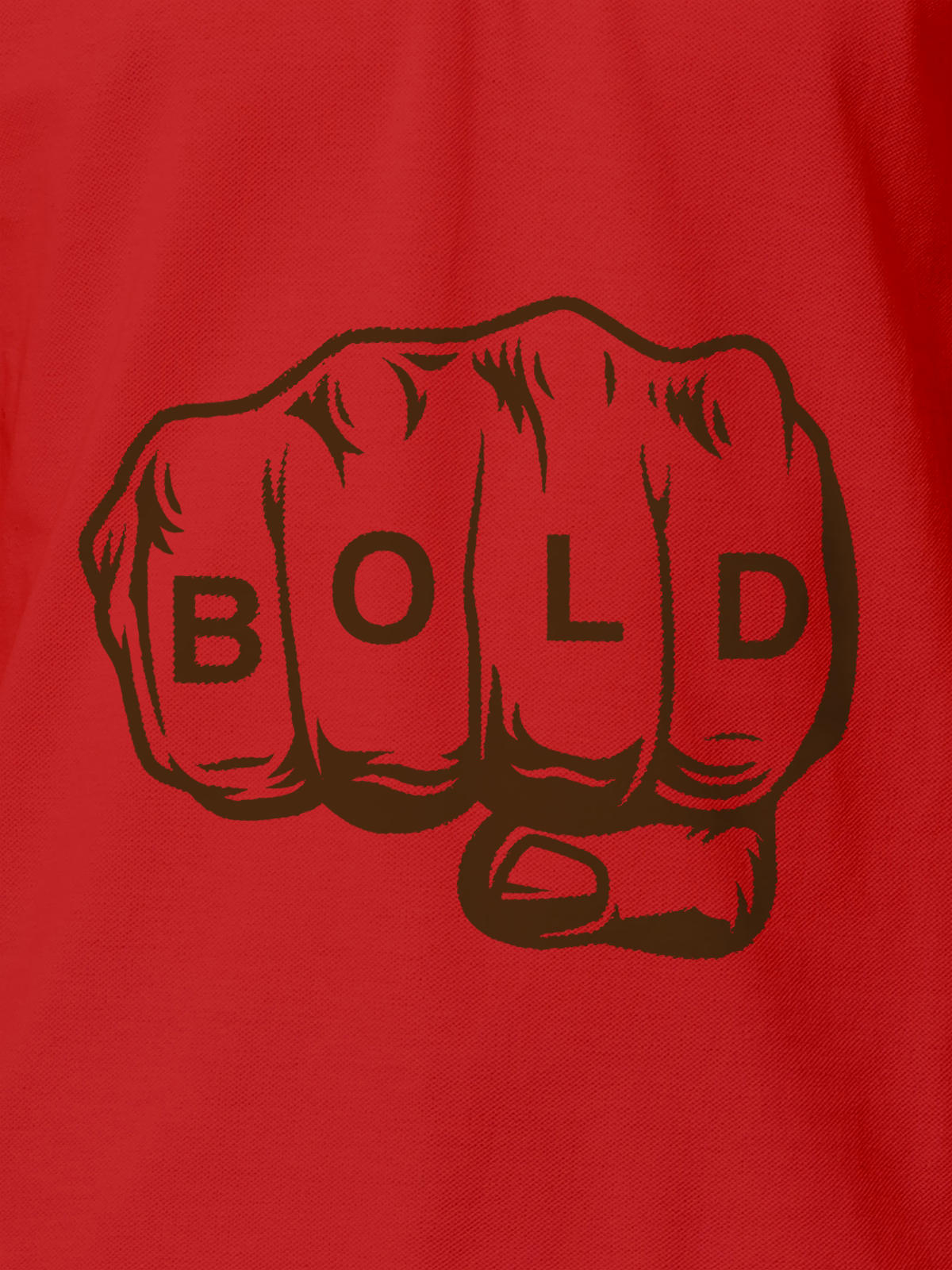 Close up of 'Bold' design on Women's Red Polo T-shirt, highlighting intricate details and vibrant print.