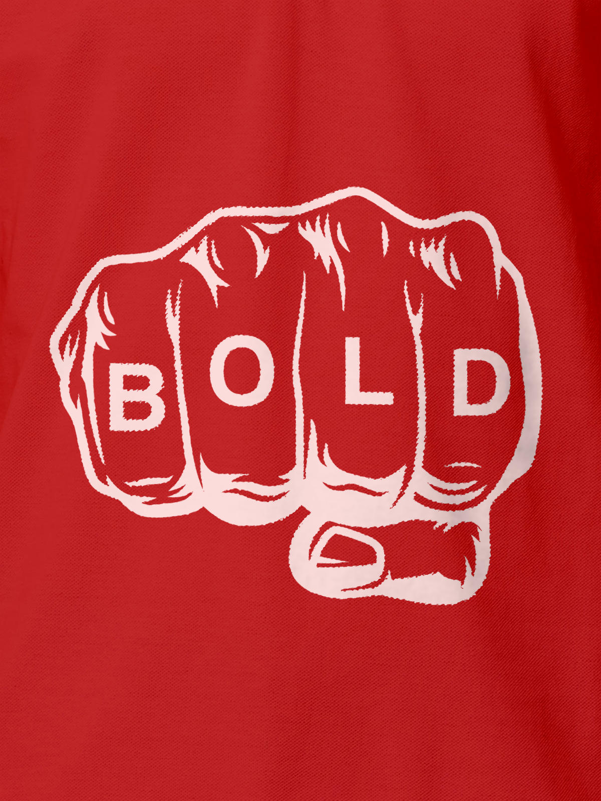 Close up of 'Bold' design on Women's Red Polo T-shirt, highlighting intricate details and vibrant print.