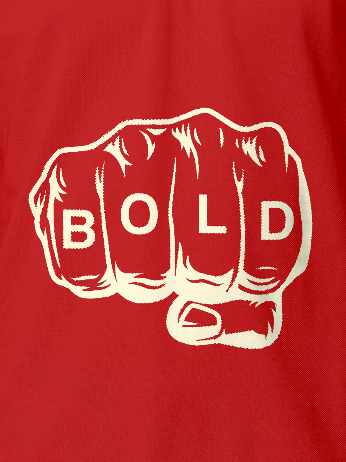 Close up of 'Bold' design on Women's Red Polo T-shirt, highlighting intricate details and vibrant print.
