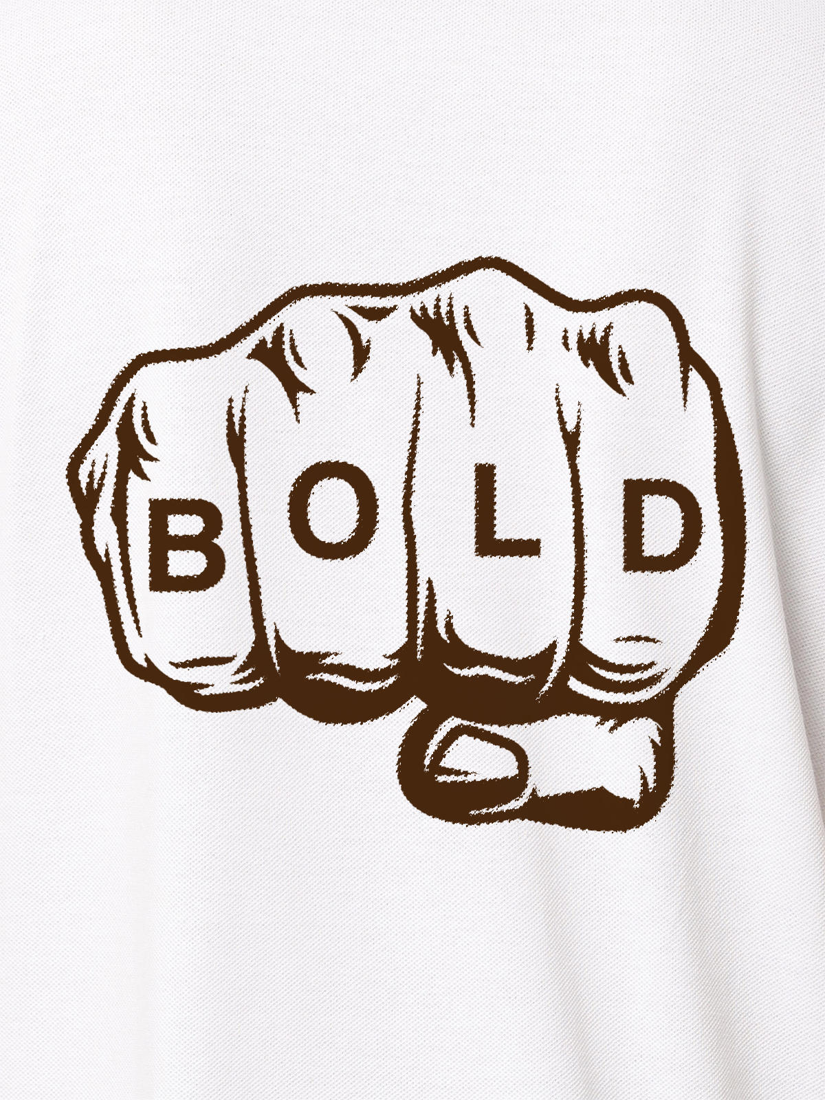 Close up of 'Bold' design on Men's White Polo T-shirt, highlighting intricate details and vibrant print.