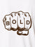 Close up of 'Bold' design on Men's White Polo T-shirt, highlighting intricate details and vibrant print.