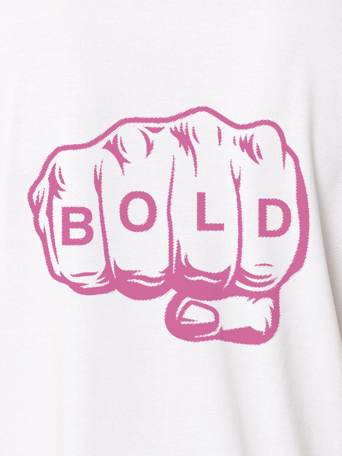 Close up of 'Bold' design on Men's White Polo T-shirt, highlighting intricate details and vibrant print.