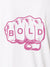 Close up of 'Bold' design on Men's White Polo T-shirt, highlighting intricate details and vibrant print.