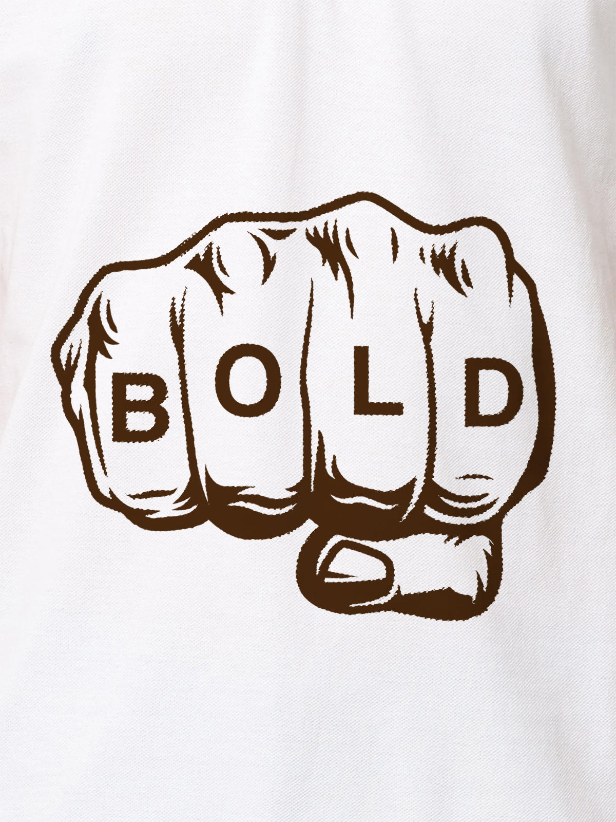 Close up of 'Bold' design on Women's White Polo T-shirt, highlighting intricate details and vibrant print.