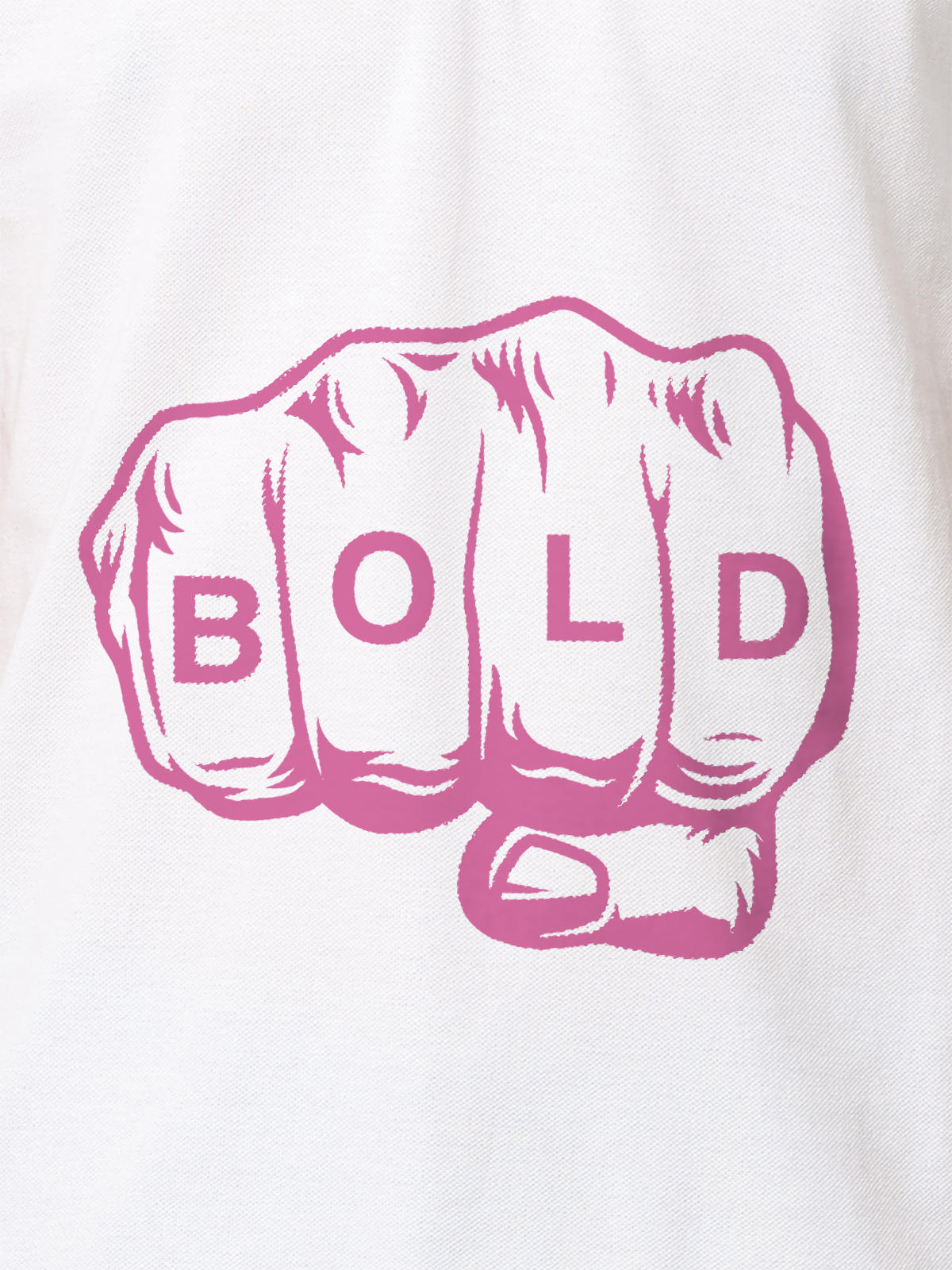 Close up of 'Bold' design on Women's White Polo T-shirt, highlighting intricate details and vibrant print.