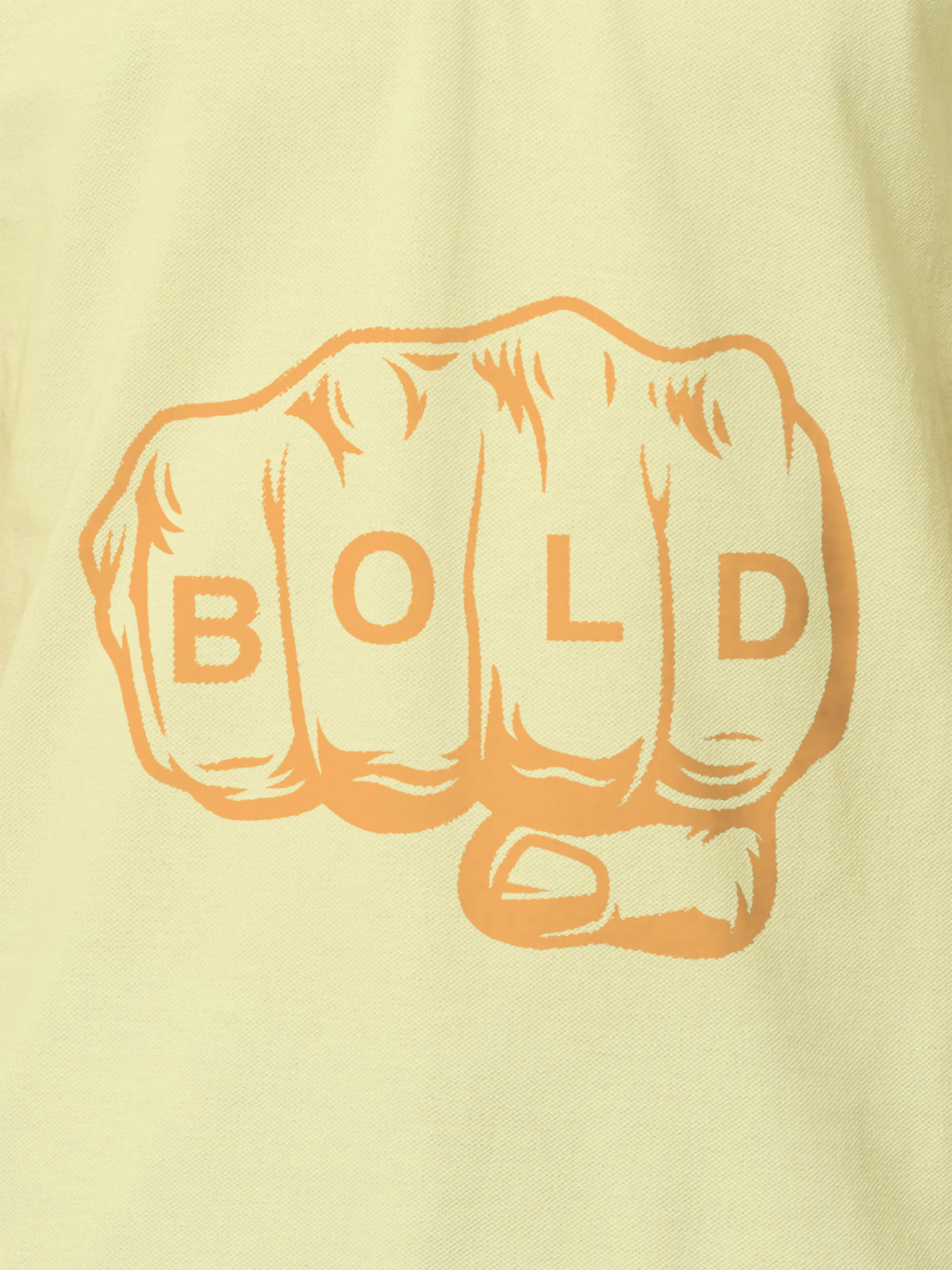 Close up of 'Bold' design on Women's Yellow Polo T-shirt, highlighting intricate details and vibrant print.