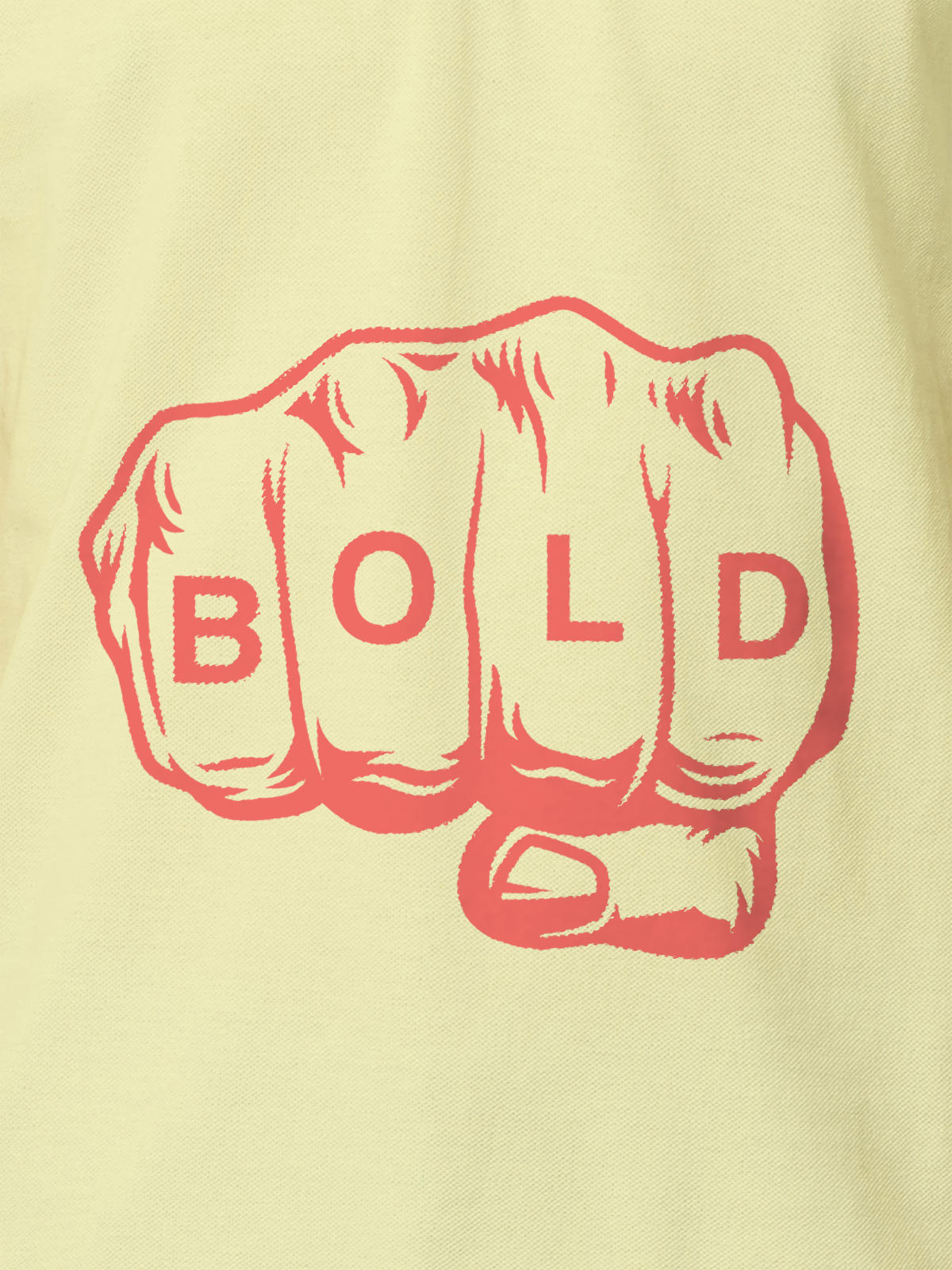 Close up of 'Bold' design on Women's Yellow Polo T-shirt, highlighting intricate details and vibrant print.