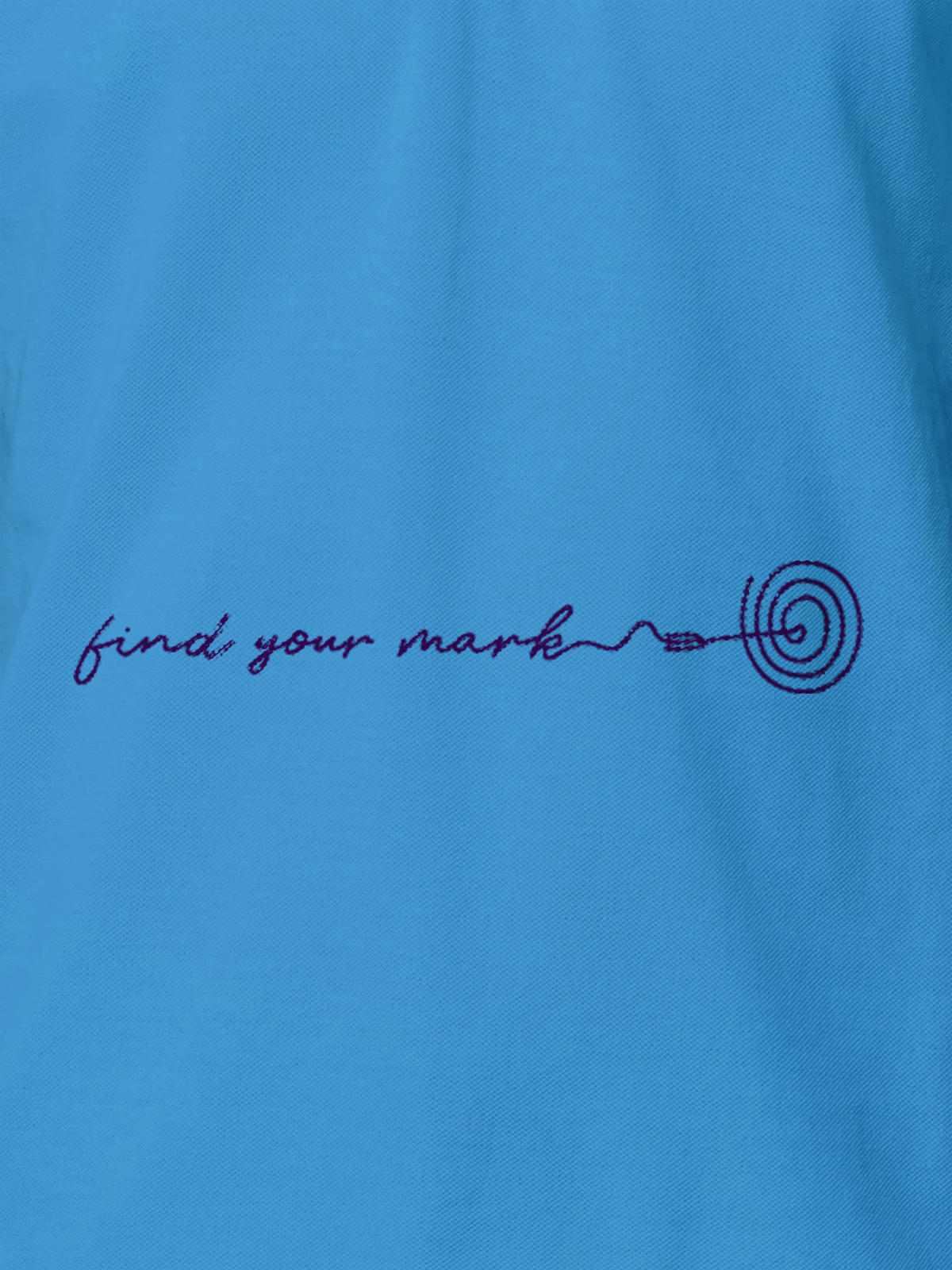 Close up of 'Find Your Mark' design on Men's Blue Polo T-shirt, highlighting intricate details and vibrant print.