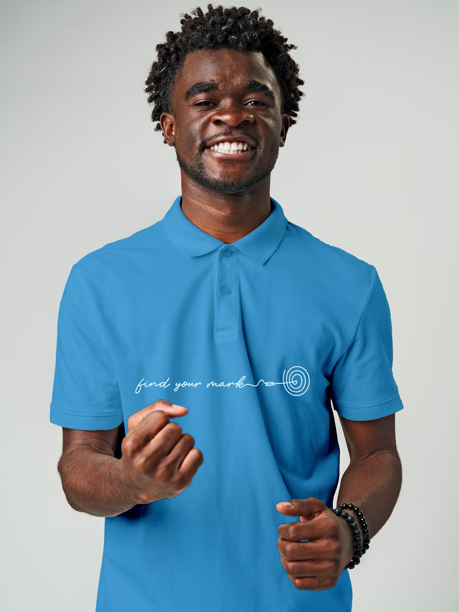 Model wearing Men's Blue Polo T-shirt with 'Find Your Mark' design, offering effortless style and premium comfort