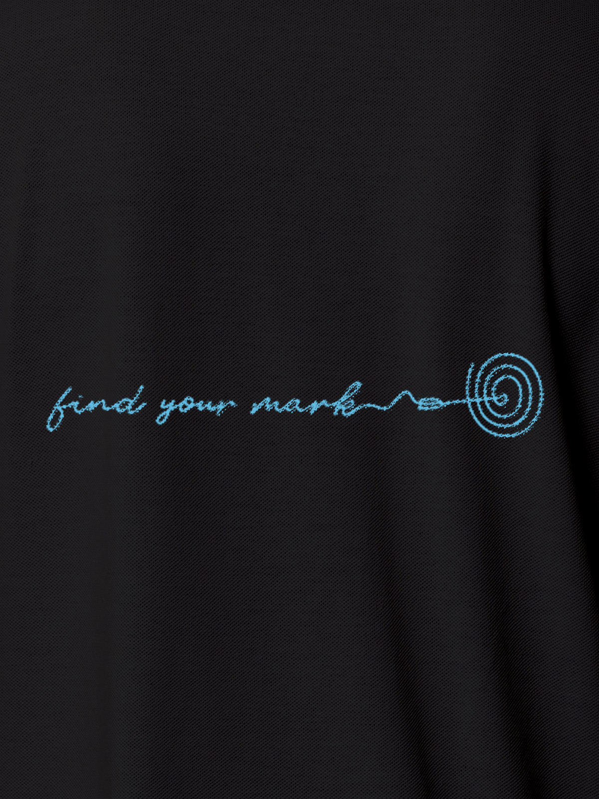 Close up of 'Find Your Mark' design on Women's Dark Grey Polo T-shirt, highlighting intricate details and vibrant print.