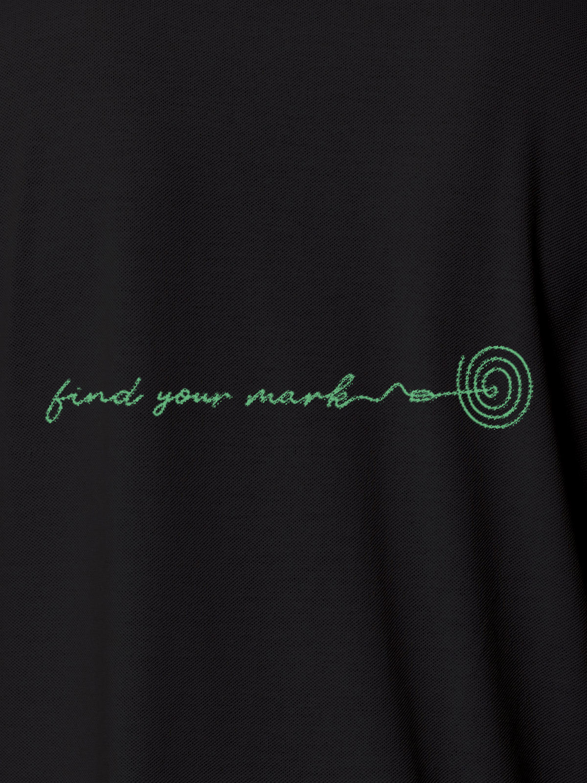 Close up of 'Find Your Mark' design on Women's Dark Grey Polo T-shirt, highlighting intricate details and vibrant print.