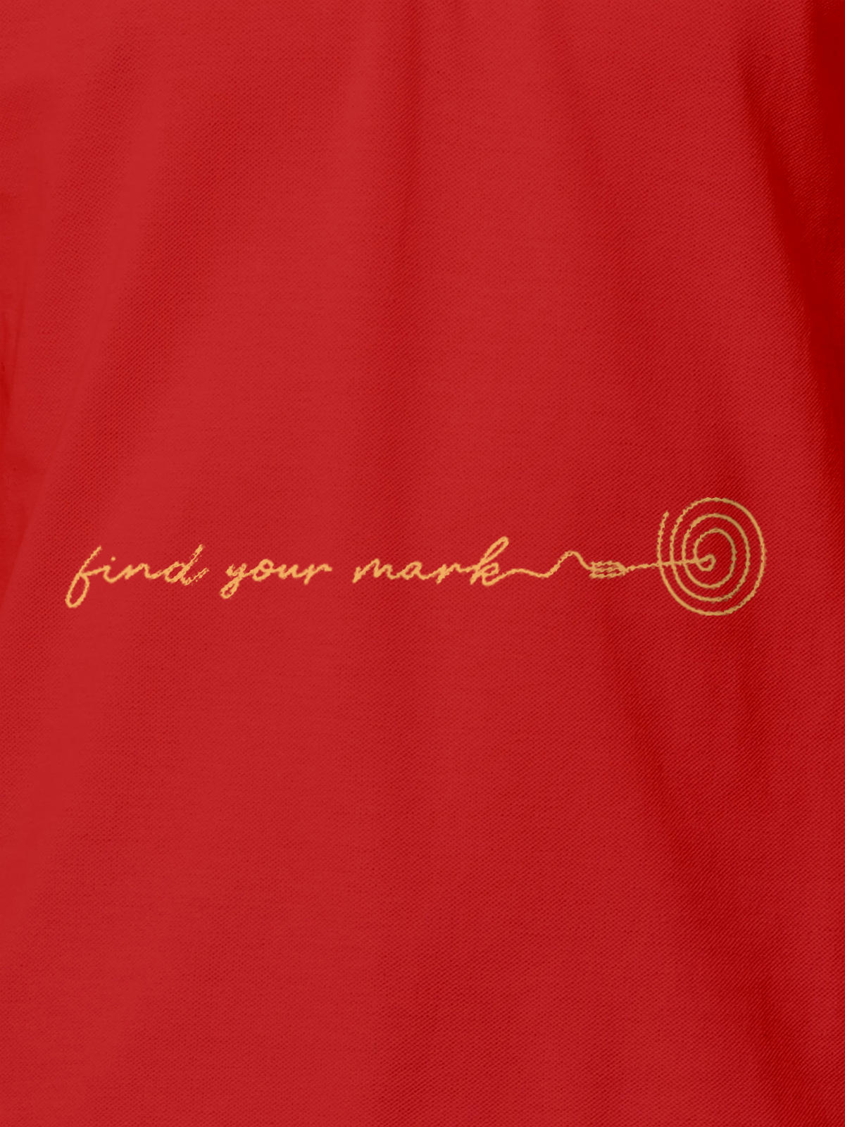 Close up of 'Find Your Mark' design on Men's Red Polo T-shirt, highlighting intricate details and vibrant print.