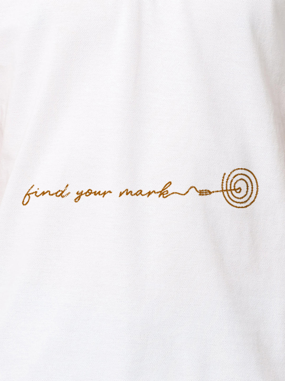 Close up of 'Find Your Mark' design on Men's White Polo T-shirt, highlighting intricate details and vibrant print.