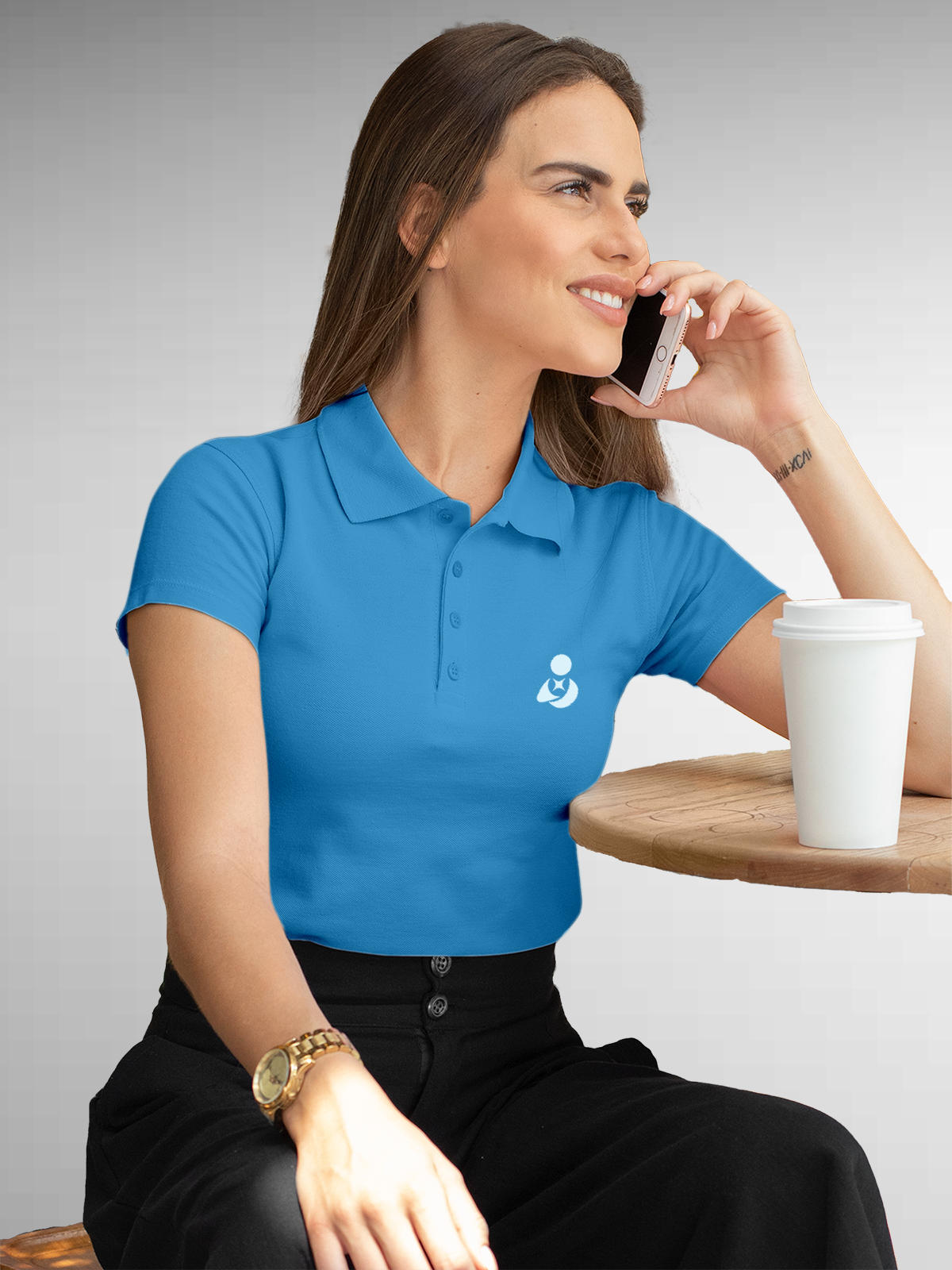 Back view of Fighterhero Women's Blue Polo T-shirt, highlighting the modern look and clean finish