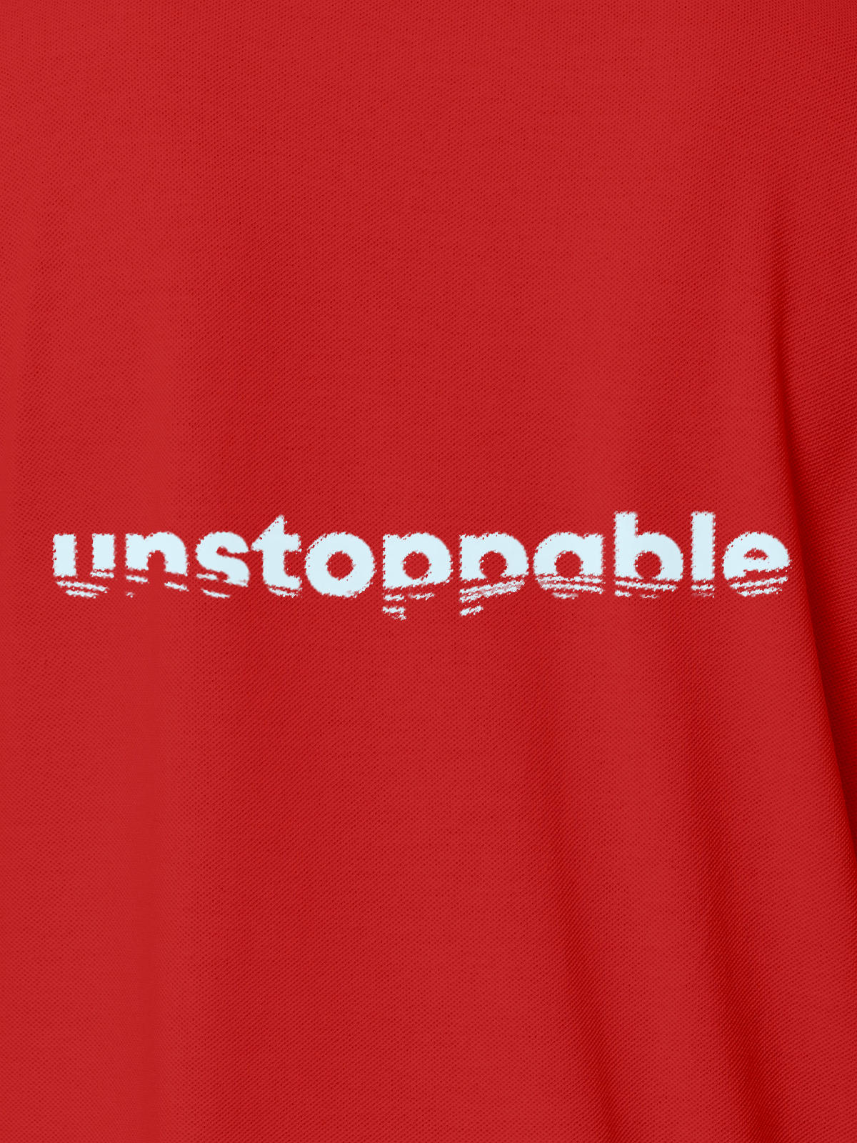Close up of 'Unstoppable' design on Men's Red Polo T-shirt, highlighting intricate details and vibrant print.