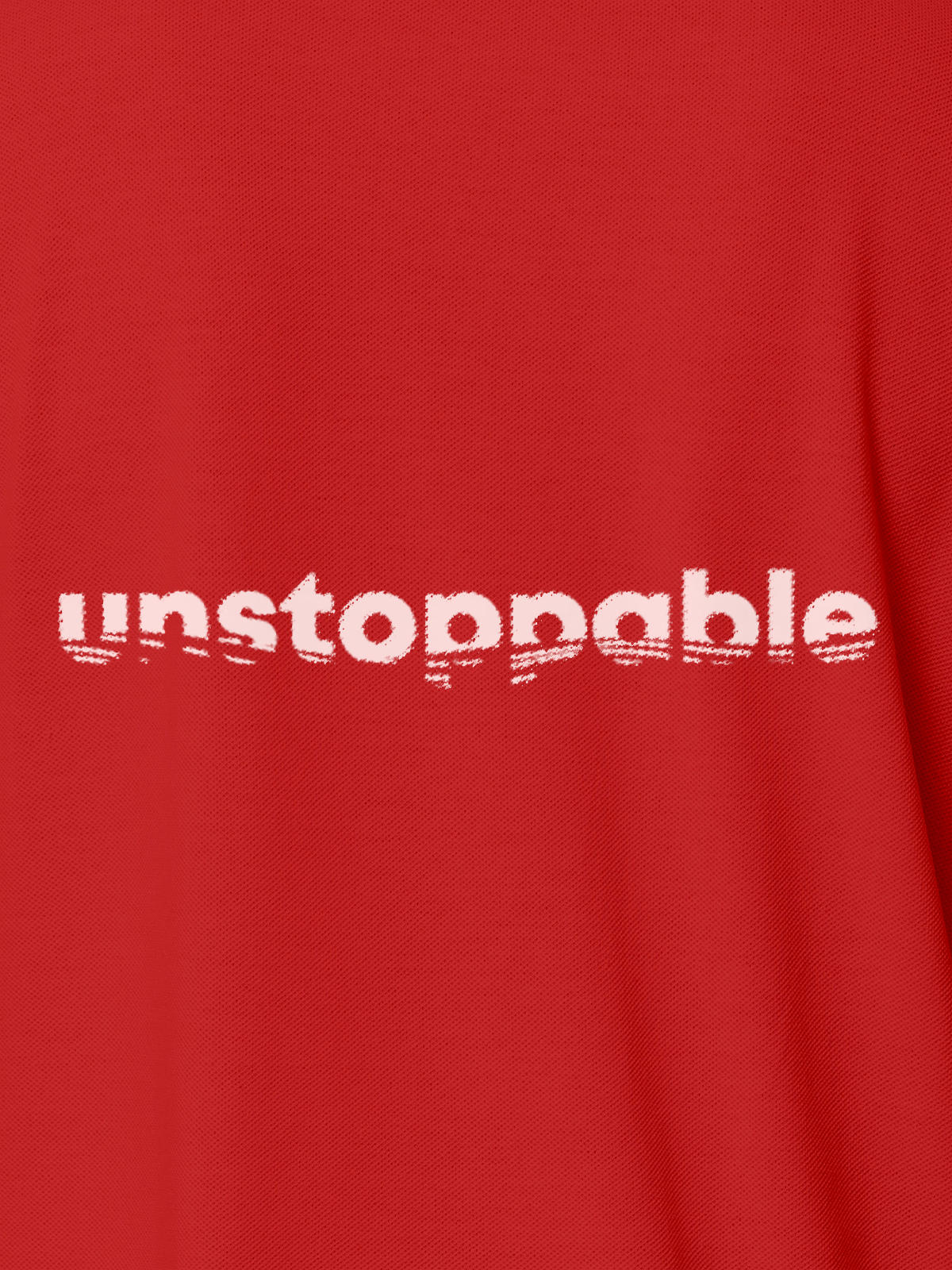 Close up of 'Unstoppable' design on Men's Red Polo T-shirt, highlighting intricate details and vibrant print.