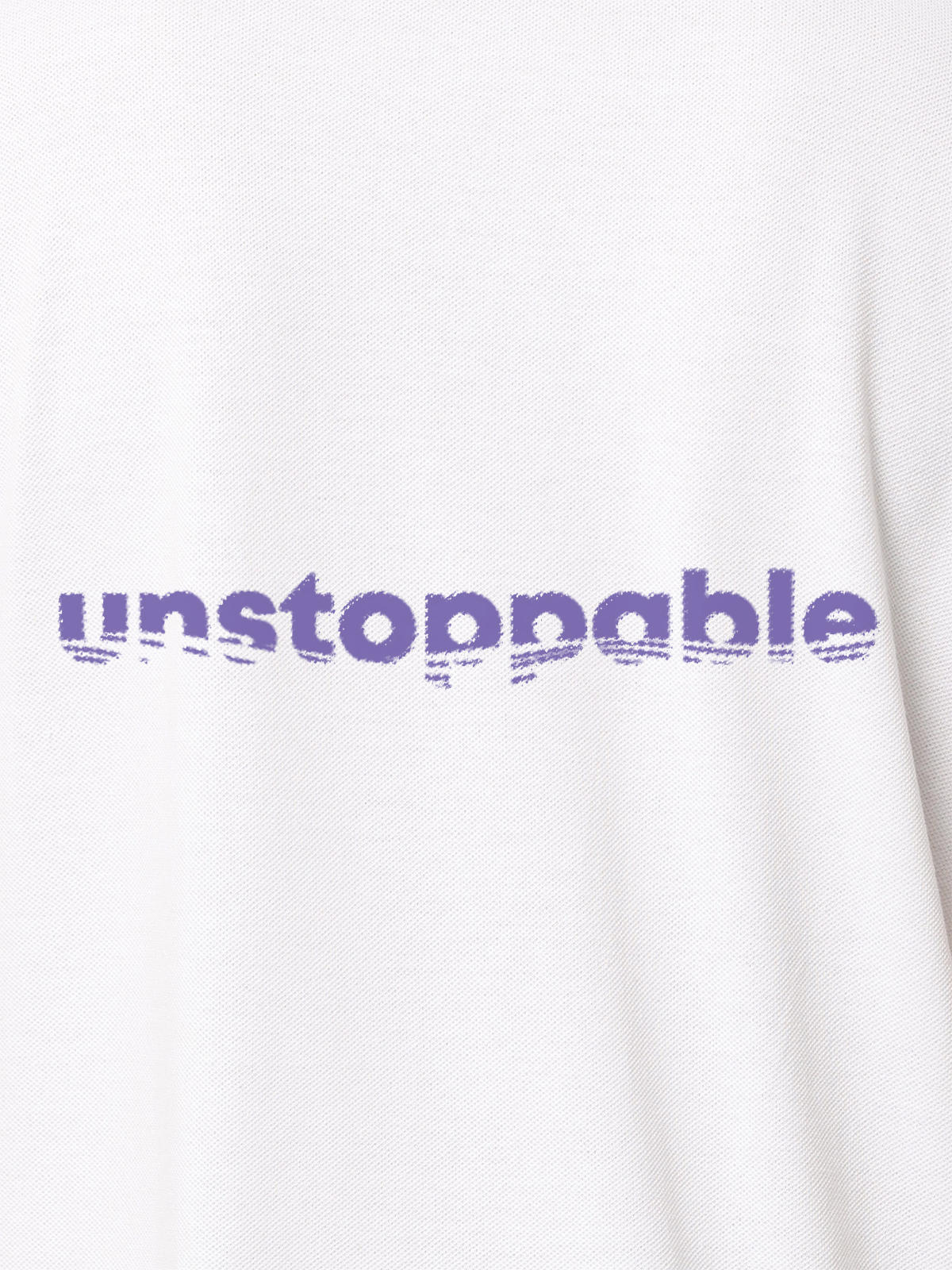 Close up of 'Unstoppable' design on Men's White Polo T-shirt, highlighting intricate details and vibrant print.