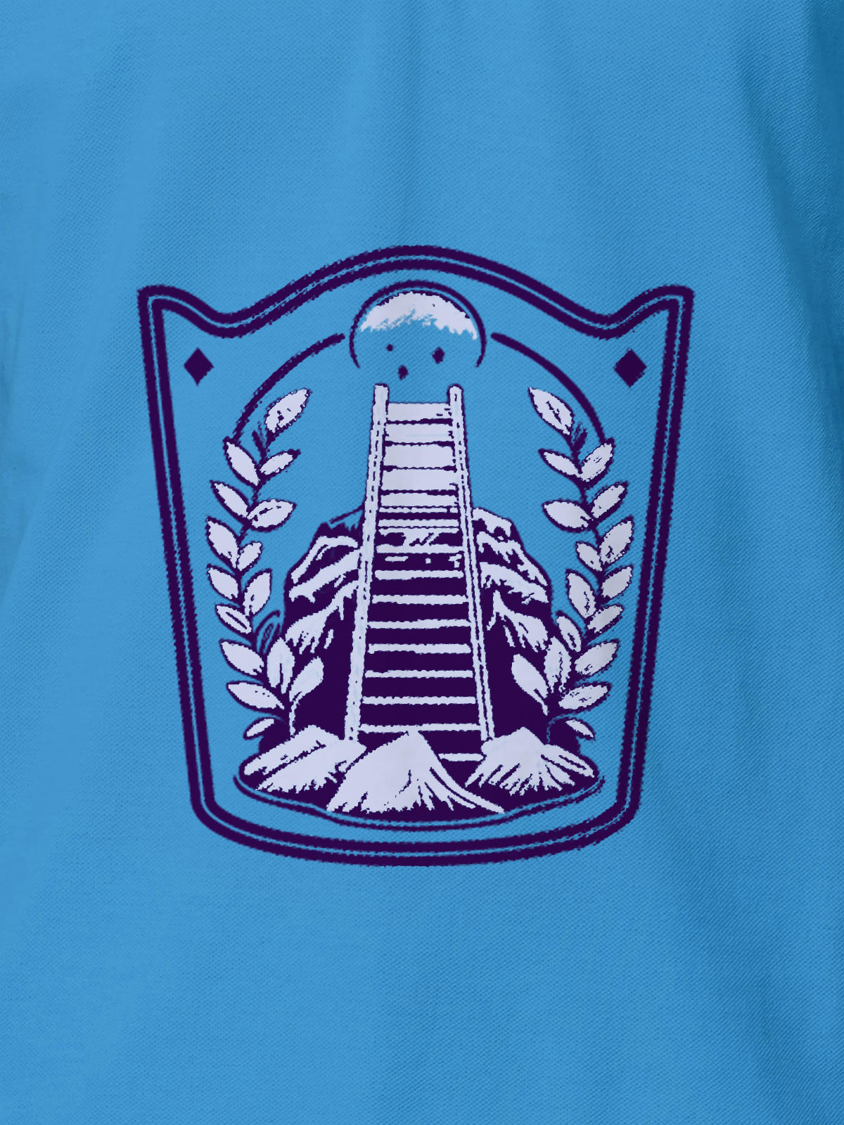 Close up of 'Ambition' design on Men's Blue Polo T-shirt, highlighting intricate details and vibrant print.