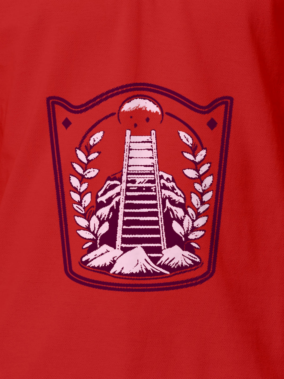Close up of 'Ambition' design on Men's Red Polo T-shirt, highlighting intricate details and vibrant print.