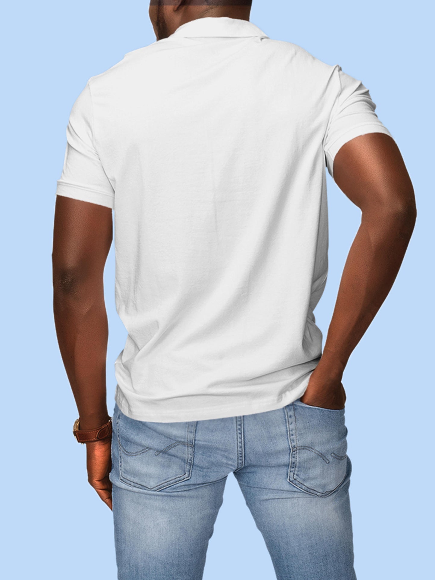 Back view of Fighterhero Men's White Polo T-shirt, highlighting the modern look and clean finish