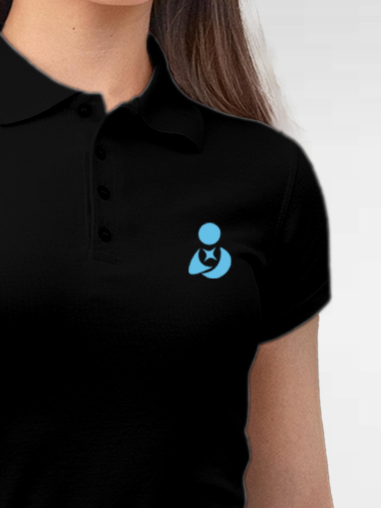Back view of Fighterhero Women's Black Polo T-shirt, highlighting the modern look and clean finish