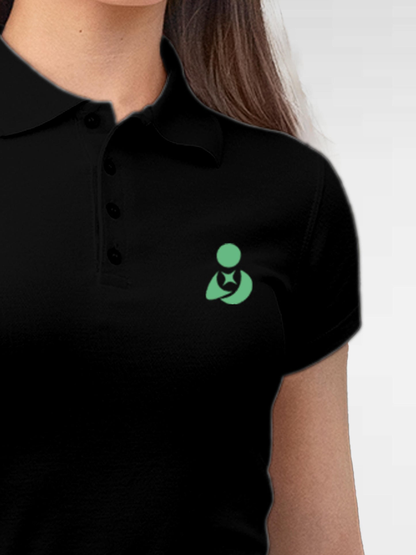 Back view of Fighterhero Women's Black Polo T-shirt, highlighting the modern look and clean finish