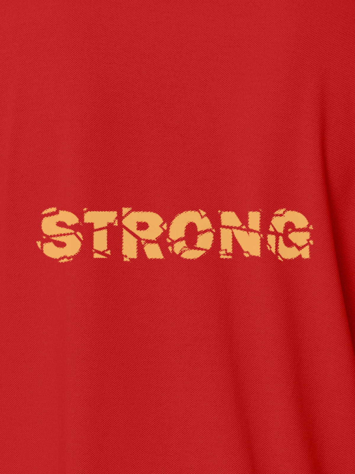 Close up of 'Strong' design on Men's Red Polo T-shirt, highlighting intricate details and vibrant print.