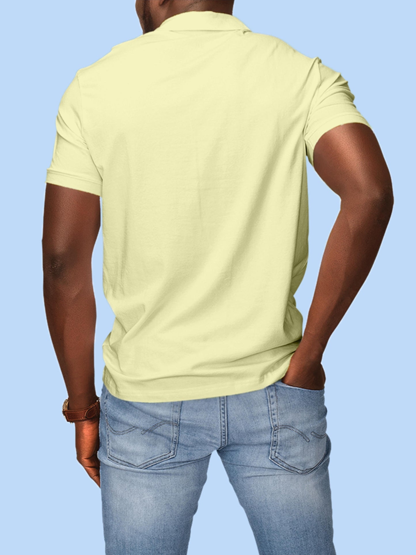 Back view of Fighterhero Men's Yellow Polo T-shirt, highlighting the modern look and clean finish