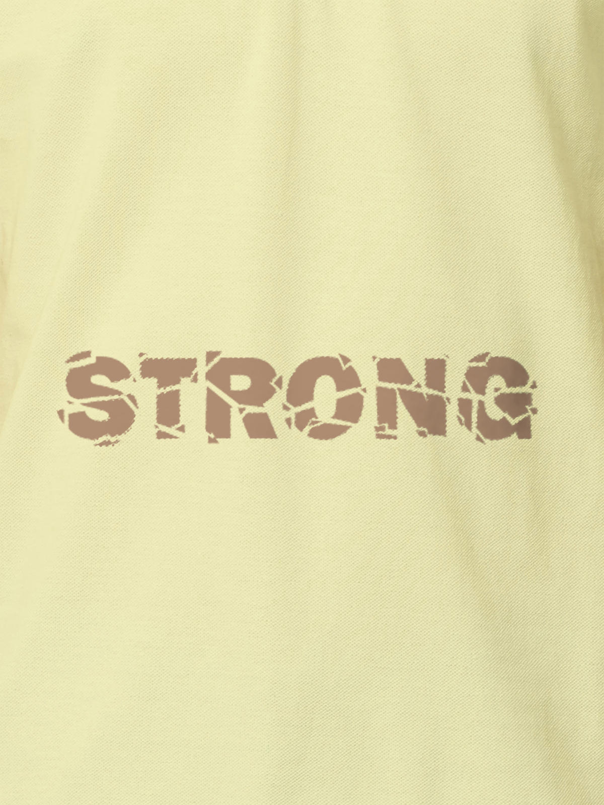 Close up of 'Strong' design on Women's Yellow Polo T-shirt, highlighting intricate details and vibrant print.