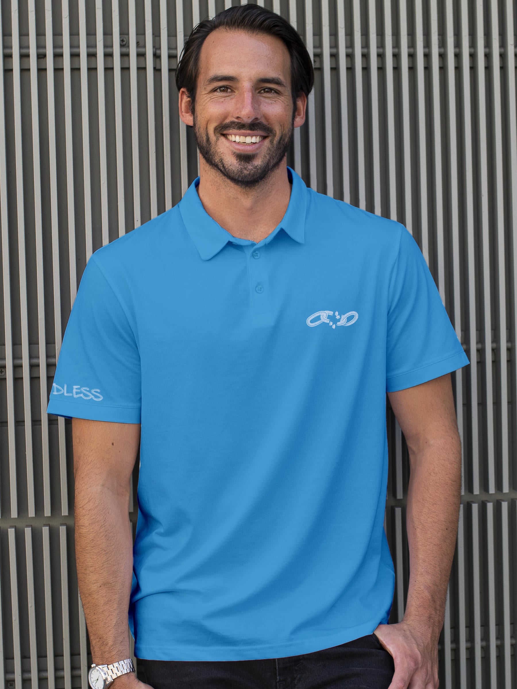 Model wearing Men's Blue Polo T-shirt with 'Boundless' design, offering effortless style and premium comfort