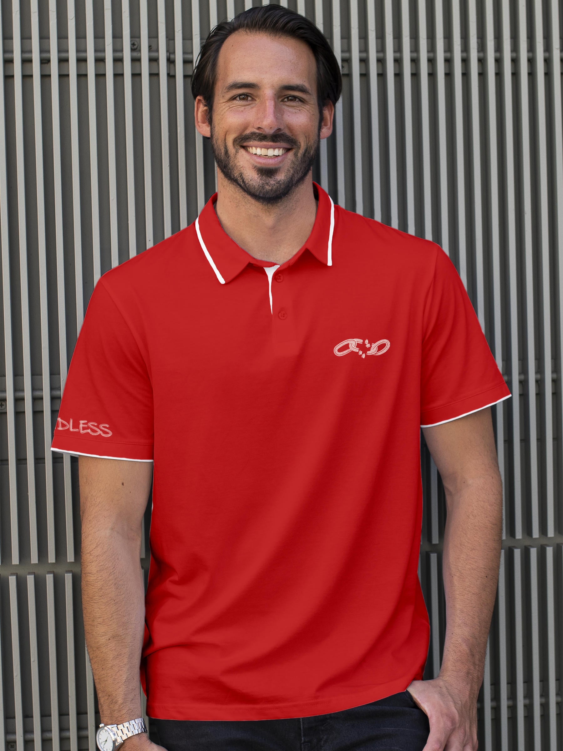 Model wearing Men's Red Polo T-shirt with 'Boundless' design, offering effortless style and premium comfort