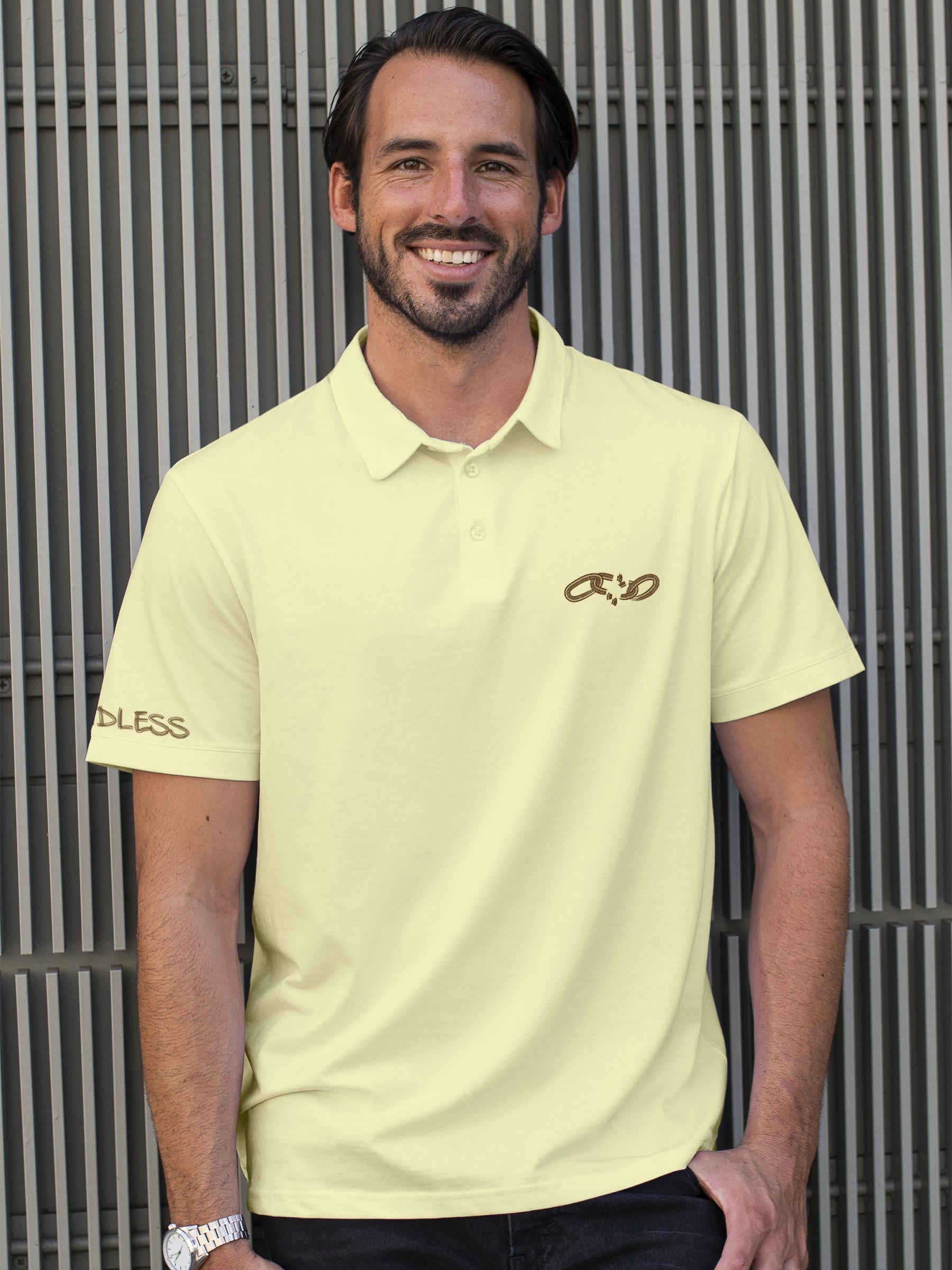 Model wearing Men's Yellow Polo T-shirt with 'Boundless' design, offering effortless style and premium comfort