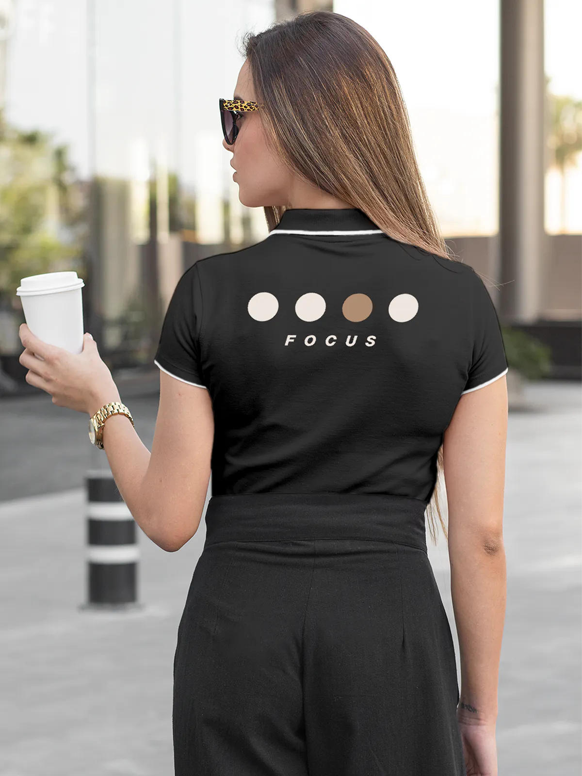 Model wearing Women's Dark Grey Collar T-shirt with 'Focus' design printed at the back.