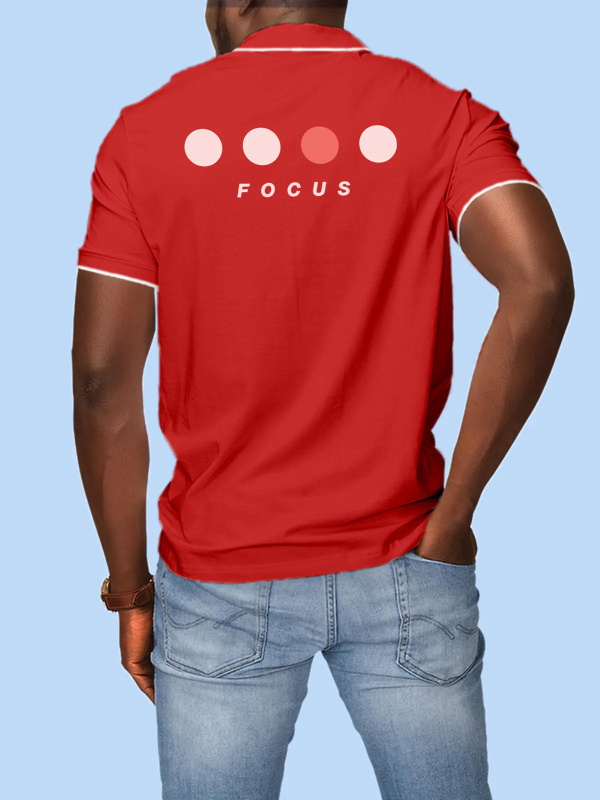 Model wearing Men's Red Collar T-shirt with 'Focus' design printed at the back.