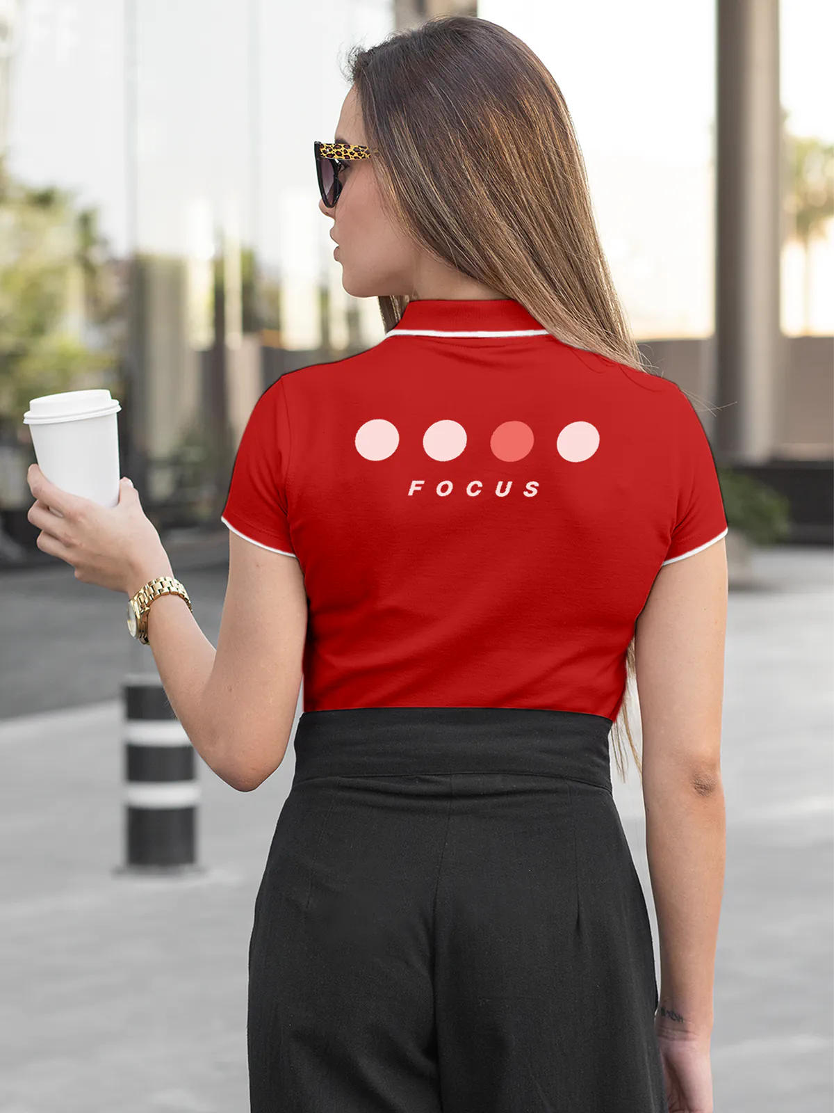 Model wearing Women's Red Collar T-shirt with 'Focus' design printed at the back.
