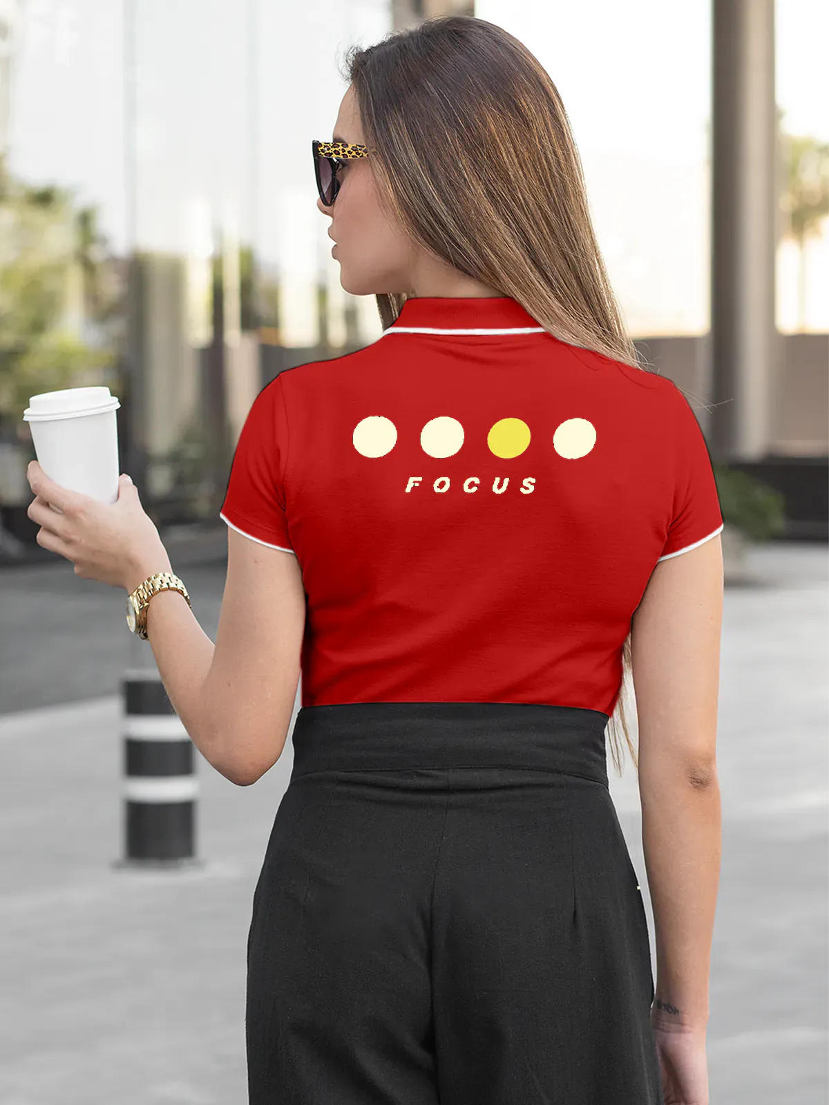 Model wearing Women's Red Collar T-shirt with 'Focus' design printed at the back.