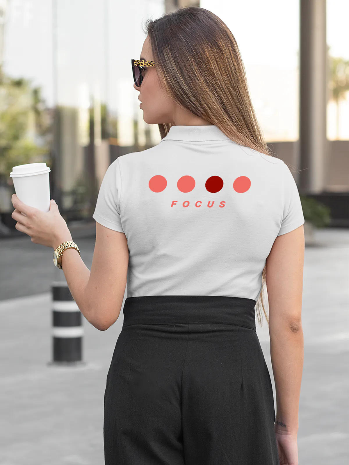 Model wearing Women's White Collar T-shirt with 'Focus' design printed at the back.