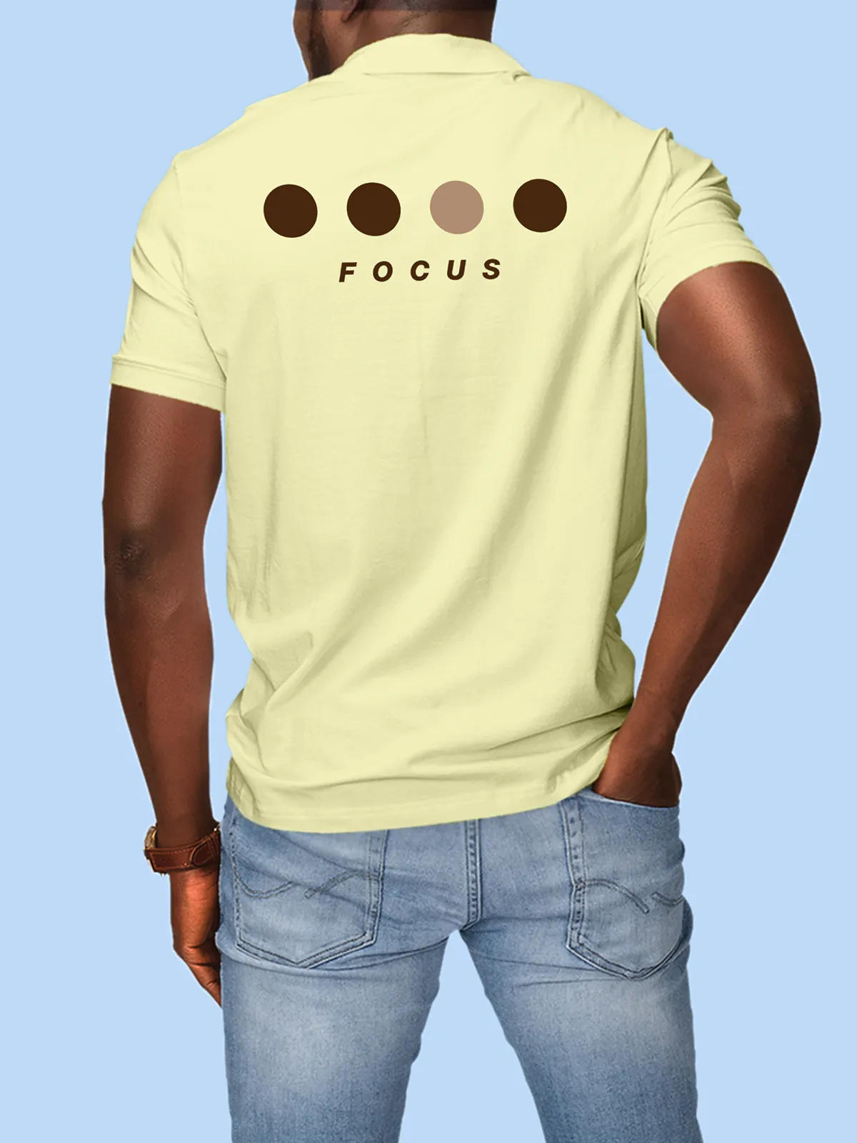 Model wearing Men's Yellow Collar T-shirt with 'Focus' design printed at the back.